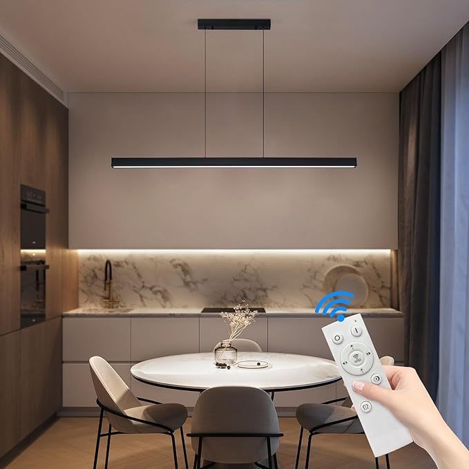 Linear Pendant Light Fixtures, 20W LED Island Lights with Remote, 39" Modern Pendant Light for Kitchen Island Dining Room Billiard Room Office Bar, 3000k-6000k Dimmable, Black