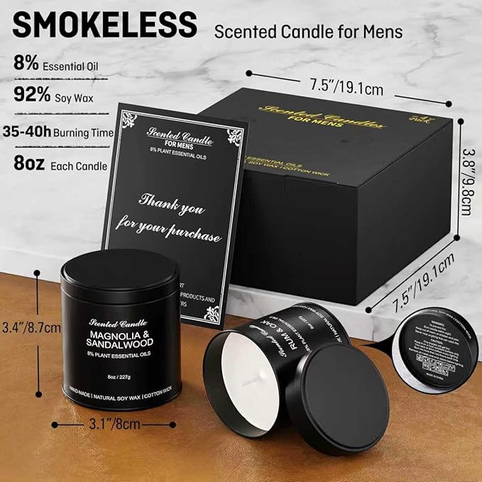 Men's Scented Candle Sets | 4 Pack Aromatherapy Candles Gift in Matte Black Tins for Christmas,Father | Soy Wax Manly Candles of Amber Patchouli,Rum&Oak,Teawood&Mahogany,Magnolia&Sandalwood