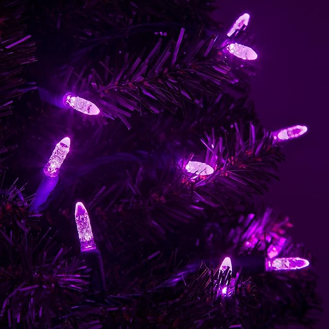 24 ft M5 LED Purple Halloween Lights, 70 Count Green Wire Indoor/Outdoor Commercial Grade Mini String, Holiday Decorations