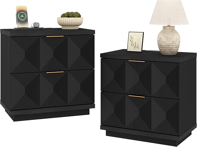 Brafab Black Nightstand Set of 2 with 20W Fast Charging Station, 23.6'' Bedside Table with Geometric Drawers Storage & Gold Handle, Large Modren Wooden Night Stand for Bedroom, End Table for Sofa Side