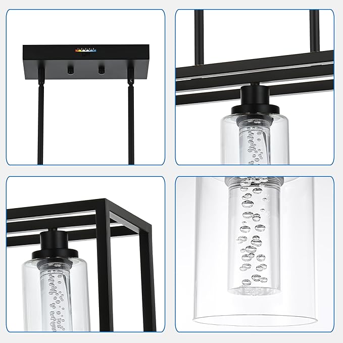 MELUCEE Dining Room Light Fixtures Over Table, 5 Light Black Kitchen Island Lighting LED Pendant Light, Linear Bubble Crystal Chandelier with Clear Glass, Built in LED chips 5-Color Temperature Adjust
