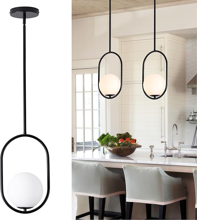 Black Pendant Lights - 1-Light Pendant Lights Kitchen Island with Milky White Globe Glass - Mid Century Pendant Light Fixtures - Black Hanging Lights for Kitchen H9376-MGBK