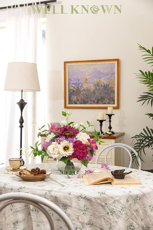 Artificial Flowers Centerpieces in Glass Vase with Fake Water, Silk White Rose Sunflowers Peony Bouquet with Vase for Birthday Party Wedding Dinning Table Office Hotel Decor (Fuchsia Mixed Plus)