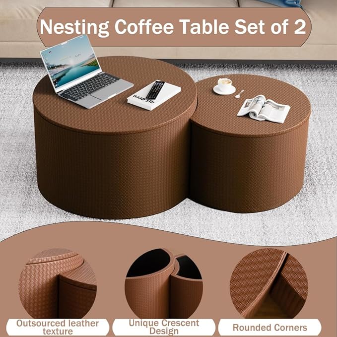 Nesting Coffee Table Set of 2 Modern Round Coffee Table with Hidden Storage Round Side Table Drum Accent End Tables for Living Room, Bedroom (Brown)