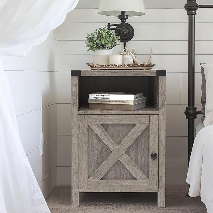 Farmhouse Nightstand, Side Table, End Table with Barn Door and Shelf, Rustic Modern Bed Night Stand for Bedroom, Living Room, Grey Wash