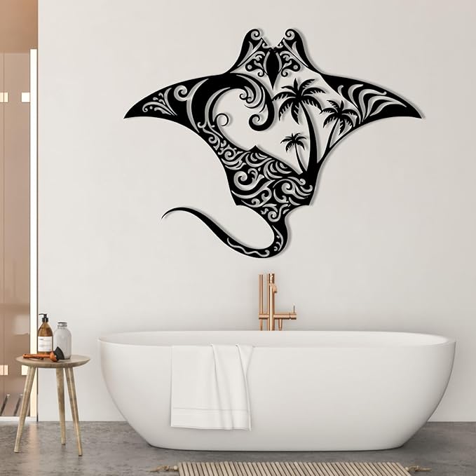 Stingray Metal Wall Art, Metal Palm Tree Wall Decor, Manta Ray Metal Wall Art, Nautical Decor, Sea Life Wall Art, Palm Tree Sign, Natural Wall Art, Metal Wall Decor for Bathroom (Black, 47"x36"/120x92cm, metal wall art)