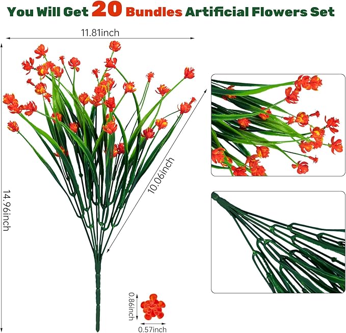 Lnoicy 20pcs Artificial Flowers for Outdoor,Plastic Flowers Decoration, UV Resistant Faux Flowers Shrubs, Artificial Plants for Indoor Outside Garden Home Wedding Farmhouse（Orange）