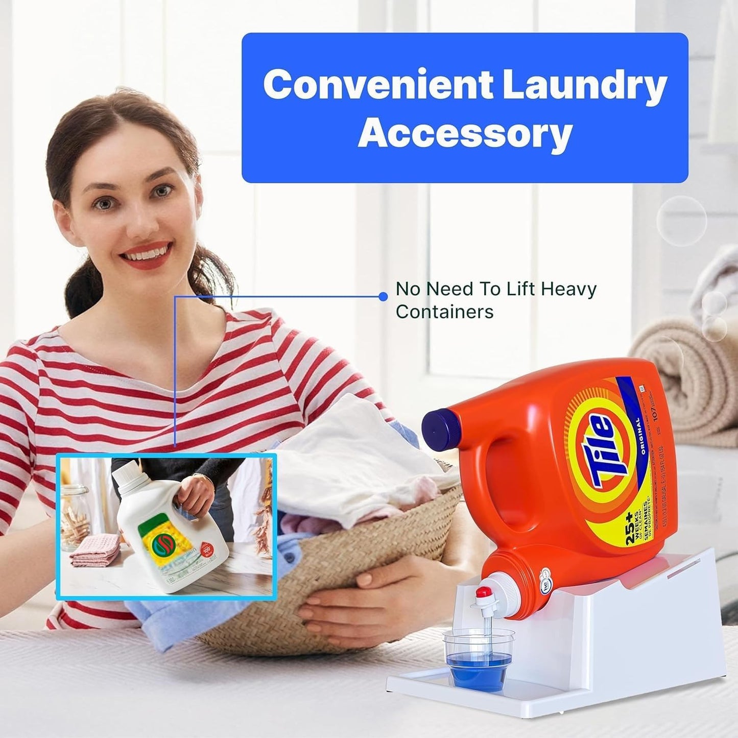 TidyFriend No-Spill Liquid Laundry Detergent Dispenser Holder, Laundry Soap Dispenser Holder with Drip Tray for Laundry Room Organization (No Strap, White)