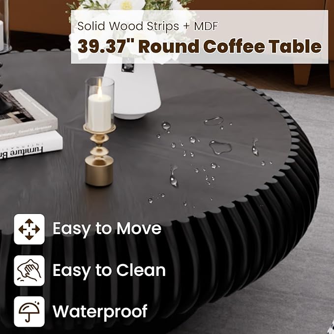 39.3" Drum Coffee Table Modern Unique Fluted Tea Table Contemporary Wood Round Coffee Table with Fluted Centry Table for Living Room Walnut (39.3" Black)