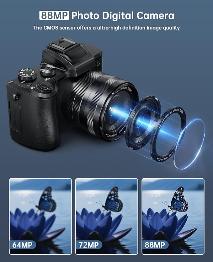 8K Digital Cameras for Photography Autofocus 88MP WiFi Professional 16X Digital Zoom Photography Camera with Dual-Lens for YouTube with Lens Hood, Touch Screen, 2 Batteries & Charging Stand