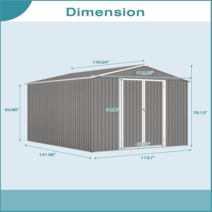 10x12 FT Outdoor Storage Shed with Floor Frame, Heavy Duty Metal Garden Tool Shed with Double Lockable Doors, Waterproof Backyard Utility Shed for Bikes, Lawn Mowers, Tools, Equipment