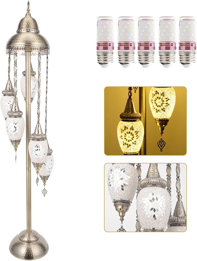 Turkish Floor Lamp, 154CM Moroccan Bohemian Style Living Room Decor, Handcrafted Mosaic Metal Base, Includes 5 Olive Shape Lampshades (XGL Floor-03)