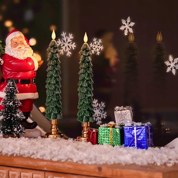 Homemory 3 PCS Flameless Taper Candles with 6-Hours Timer, 9.7 Inches Christmas Tree Candlesticks, Real Wax Battery Operated Window Candles with 3D Flickering Flame for Fireplace Christmas