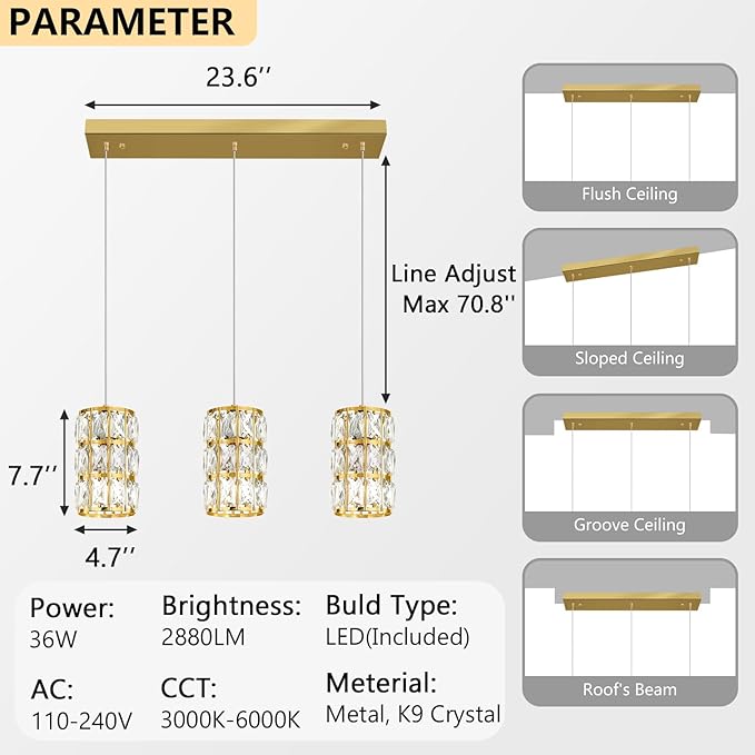 3-Lights Rectangle Modern Crystal Pendant Lights for Kitchen Island LED Dimmable Glam Pendant Lighting Chandelier for Dining Room Hallway Corner Lamp Gold