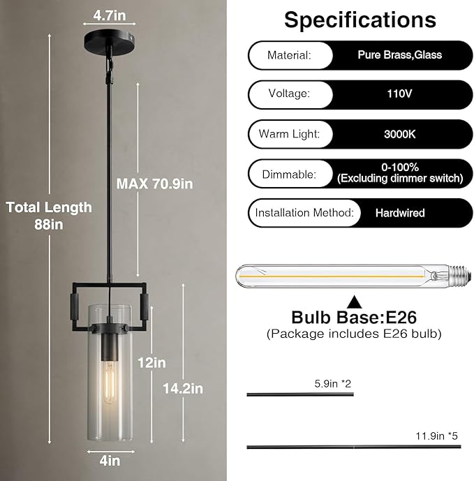Black Pendant Lights Kitchen Island, Modern Glass Pendant Light,12Inch Kitchen Pendant Lighting Over Island,Farmhouse Island Lights for Kitchen,Bathroom,Bedroom