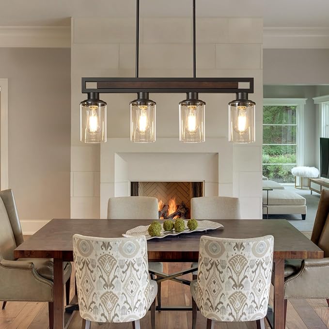 Farmhouse Dining Room Light Fixture, 4-Light Wood Kitchen Island Lighting for Dining Room Over Table, Black Adjustable Pendant Light with Clear Glass Shades, Linear Chandeliers Lighting for Kitchen