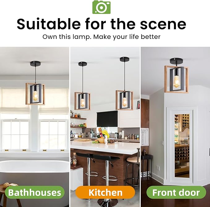 2 Pack Farmhouse Pendant Light Fixture, Black Kitchen Island Pendant Lights, Industrial Metal and Vintage Wood Hanging Light, Adjustable Height Rustic Ceiling Lamp for Entryway, Dining Room, Foyer