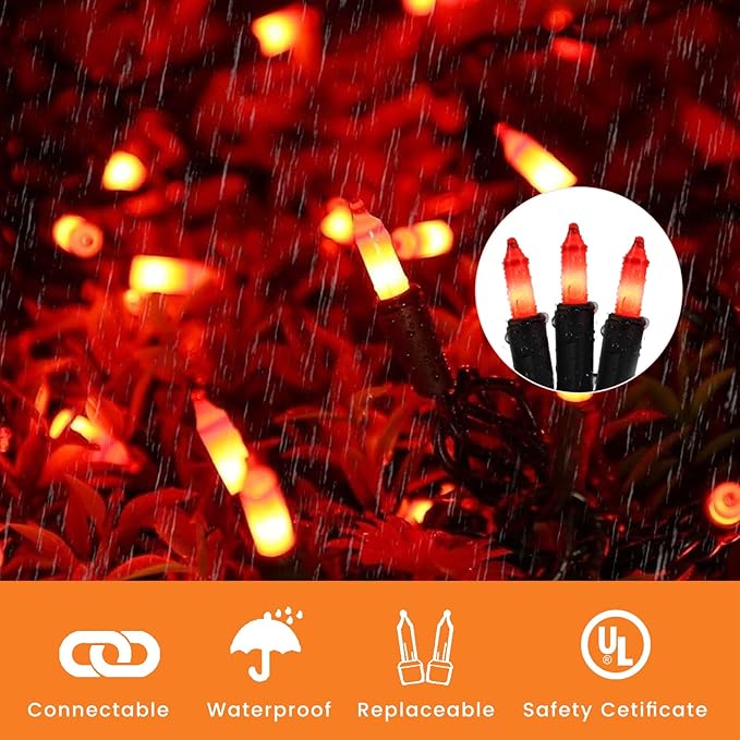 Orange Christmas Lights Mini String Lights– 100 Count Incandescent, 26.5ft Black Wire, UL Listed Connectable Pumpkin Lights for Porch, Patio, Fall Decor