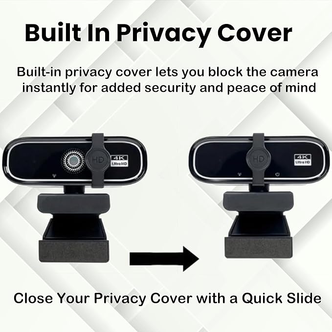 FHD 4K Webcam with AutoFocus, USB Desktop Camera, Black Webcam, Built-in Microphone for Video Conferencing, Online Meetings, Universal Tripod-Ready Clip fits laptops and LCD Monitors.
