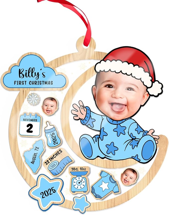 Personalized Baby's First Christmas Shaker Ornament 2025 - Customized Photo Ornament - Custom Birth Stats Keepsake Ornaments - Xmas Tree Decor - Gifts for Christmas