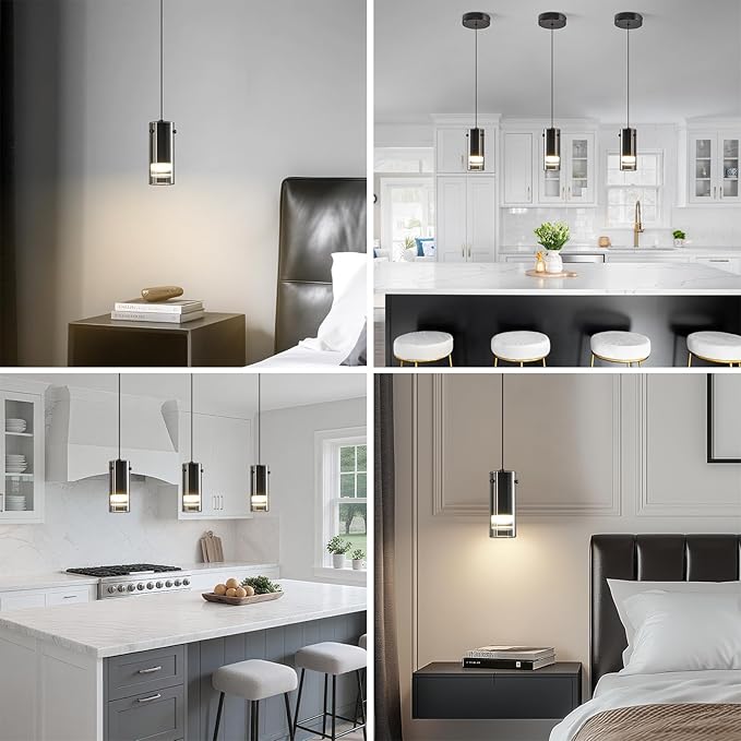 Black Pendant Light Fixtures, Adjustable Modern LED Smoky Gray Glass Pendant Lights for Kitchen Island, Single Hanging Pendant Lighting for Dining Table Hallway Bedroom Living Room(2-Pack)