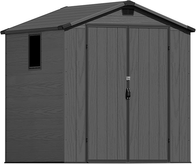 Greesum 6x6FT Plastic Storage Shed with Floor, Resin Outdoor Storaged Sheds with Lockable Double Door, Window and Vents, All-Weather Tool Sheds for Garden, Backyard, Patio, Dark Gray