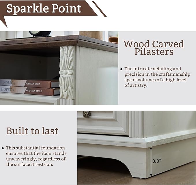 Farmhouse Nightstand wtih Charging Station, 20" End Table with 2 Drawers, Night Stand Side Table Storage Cabinet with Carved Pilasters for Bedroom, Wood Rustic, Antique White