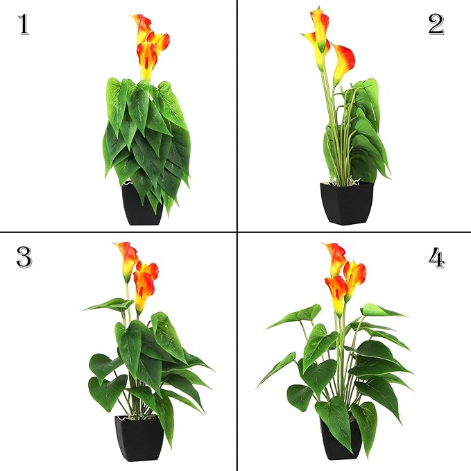 Artificial Flower Calla Lily Faux Small Potted Plant with Black Pot Fake Bonsai Flower for Home, Office, Indoor and Outdoor Occasions Decor (Red Fake Flower)