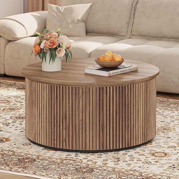 FATORRI Round Coffee Table, Fluted Woodern Center Table, Mid-Century Modern Coffee Tables for Small Space, Living Room, Bedroom (31.5 Inch, Walnut)