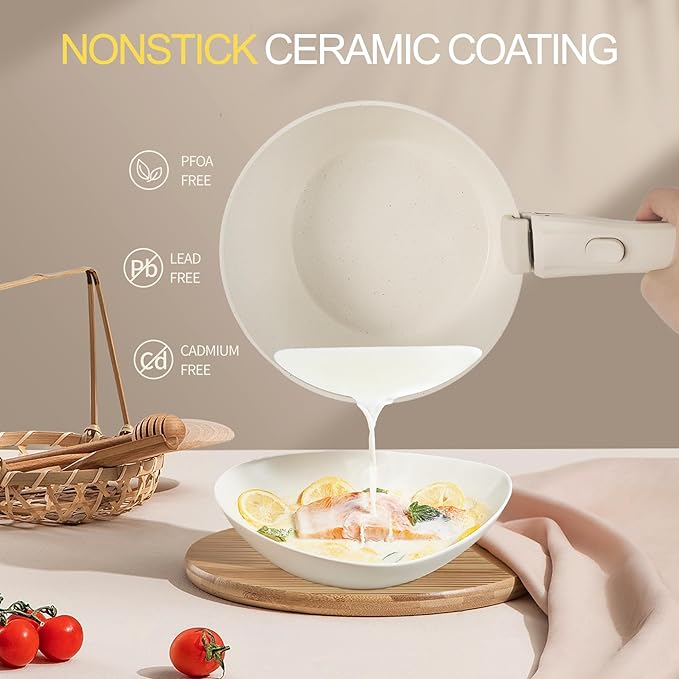 Nonstick Ceramic Cookware Set 21PCS with Detachable Handle, Pans and Pots Set, RV Kitchen Set Cookware Set, with Removable Handles, Oven Safe, Induction Ready, Stackable Non-stick Set