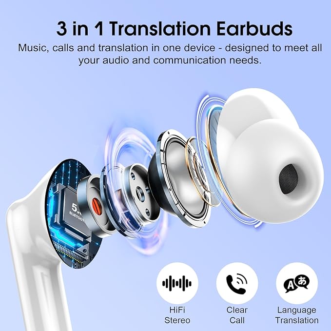 Ai Translation Earbuds Real Time, Simultaneous Interpretation Translator Earbuds with 6 Translation Modes/164 Languages, No Subscription Translatior Headphones, Light Blue