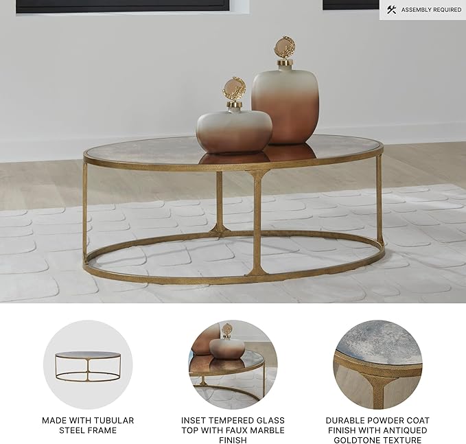 Signature Design by Ashley Korajane Transitional Metal Coffee Table with Tempered Glass Top, Metallic