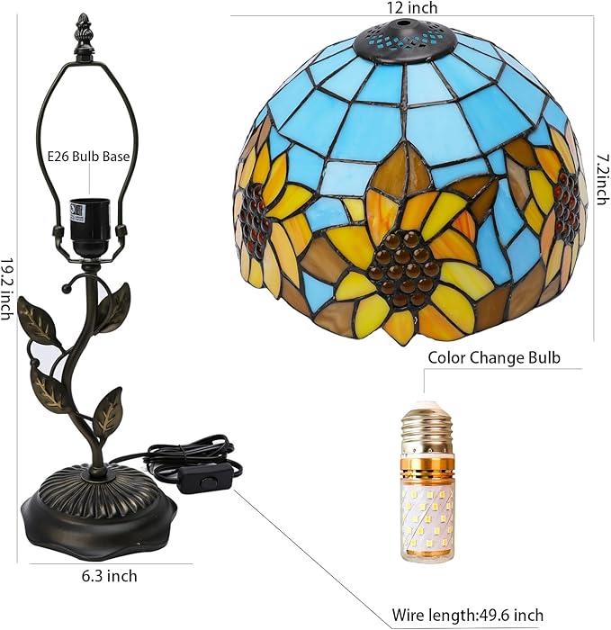Stained Glass Table Lamp, Sunflower Style Lampshade Metal Leaf Base Desk Reading Light 12X12X19 Inches Decor for Bedroom Living Room Office