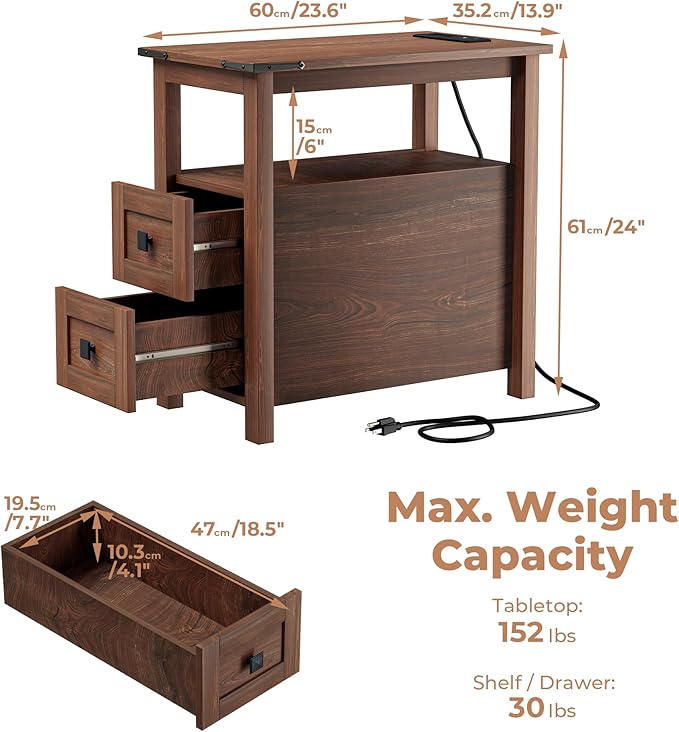 Farmhouse End Table with Charging Station and 2 Storage Drawers, Cherry Wood Nightstand Narrow, Skinny Side Table Rustic, Slim Bedside Table, Open Shelf, Small for Bedroom, Living Room, Sofa