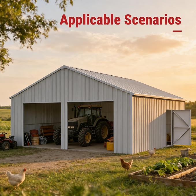 Outdoor Metal Storage Shed, 33x25 FT Large Heavy-Duty Garage Industrial Prefab Steel Building with Side Door for Car, Metal Barn, Outdoor Workshop, RV, Tractor & Equipment Shelter（White）