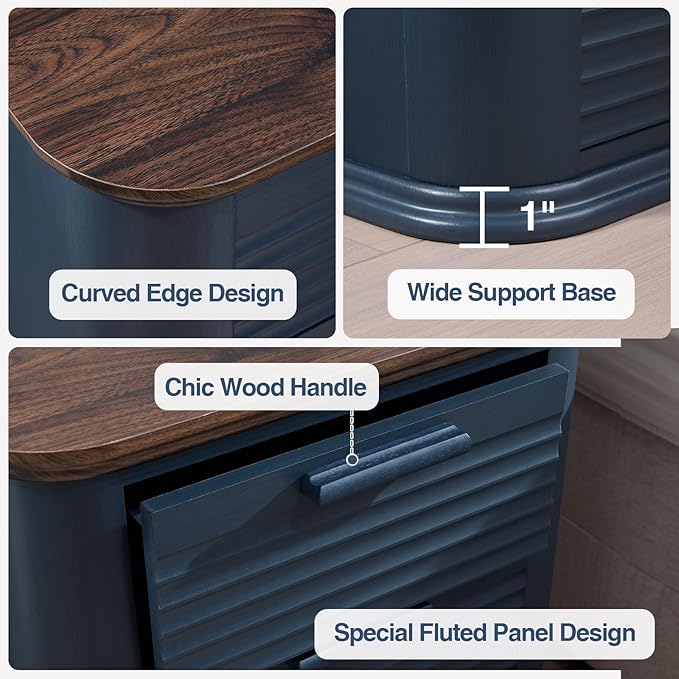 Okvnbjk 22" Wide Fluted Nightstand Set of 2 with Charging Station, Mid Century Modern End Table for Living Room, Bedroom, Home Office, Wood Curved 3 Drawer Dresser, Large Bedside Tables, Navy Blue