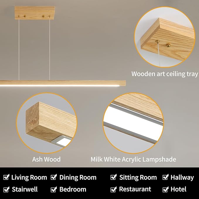 Wooden Linear Pendant Light, 39" Modern Chandeliers for Dining Room, Dimmable Pool Table Island Lights for Kitchen, LED Ceiling Pendant Lamp for Dining Room Billiard Room, Natural Ash