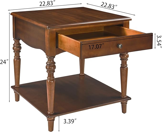 2-Set Solid Wood End Table with Drawer and Storage Shelf, Anne Queen Designed Beside Table with Solid Wood Roman Legs, Square Accent Tables and Meeting Table for Living Room, Bedroom Cherry Brown