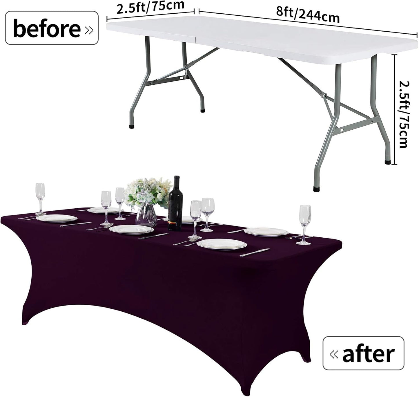 Spandex Table Cover for 8FT or 4ft or 6ft Table Universal Fitted Stretch Tablecloth for Party, Banquet, Wedding and Events-Eggplant