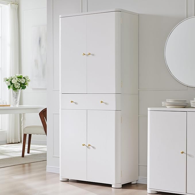 71" Tall Kitchen Pantry, Modern Curved Pantry Storage Cabinet with 4 Doors and 6 Adjustable Shelves, Cupboard for Kitchen, Dining Room, Living Room and Bathroom, White