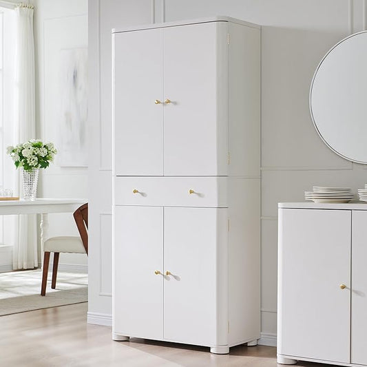 71" Tall Kitchen Pantry, Modern Curved Pantry Storage Cabinet with 4 Doors and 6 Adjustable Shelves, Cupboard for Kitchen, Dining Room, Living Room and Bathroom, White