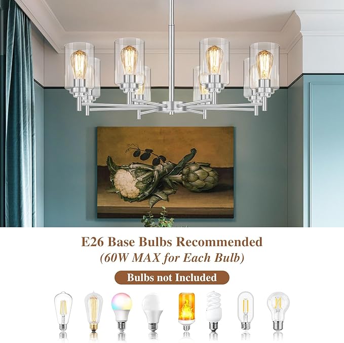 33.5'' 8-Light Chandelier for Dining Room Kitchen Island, Modern Farmhouse Pendant Lighting with Glass Shades Industrial Brushed Nickel Hanging Ceiling Light Fixture for Living Room, Height Adjustable