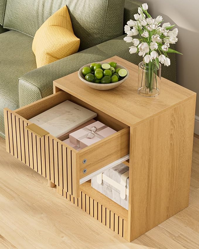 Tall Nightstand Extra Large Nightstand, Modern Night Stand, Bedside Table with Drawer and Open Shelf, Cube Design, Side Table for Bedroom, Living Room, Oak