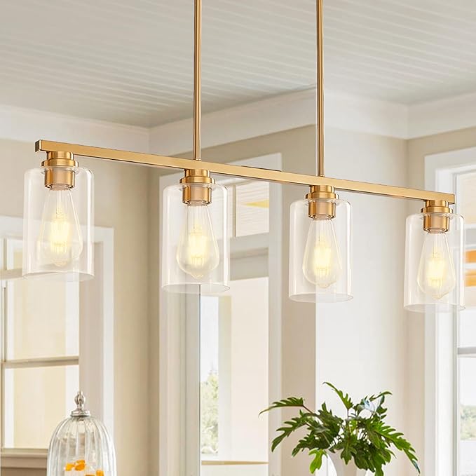 Island Light for Kitchen, Brushed Gold Dining Room Light Fixture Over Table, 4-Light Linear Chandelier Pendant Lighting for Dining Table Kitchen Island Living Room