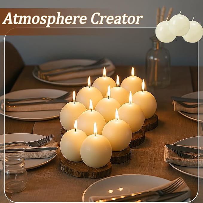 18 PCS Ivory Round Candles,3 in Ball Candles Bulk Set,Dripless Unscented Smokeless，Whether You're Hosting a Wedding or Other Party, or Decorating Your Home,It's a Great Choice.
