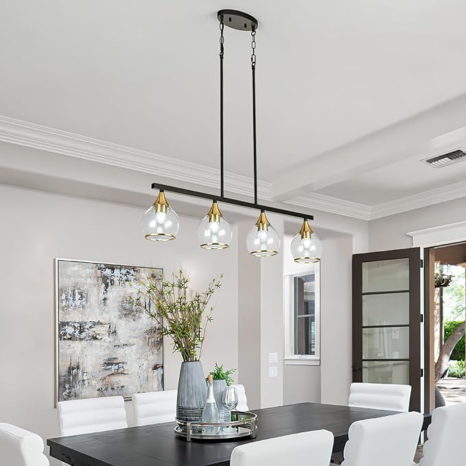 Island Light for Kitchen, 4-Light Black and Gold Kitchen Island Farmhouse Linear Hanging Pendant Chandeliers, Matte Black Dining Room Light Fixture Over Table with Clear Round Glass Shades