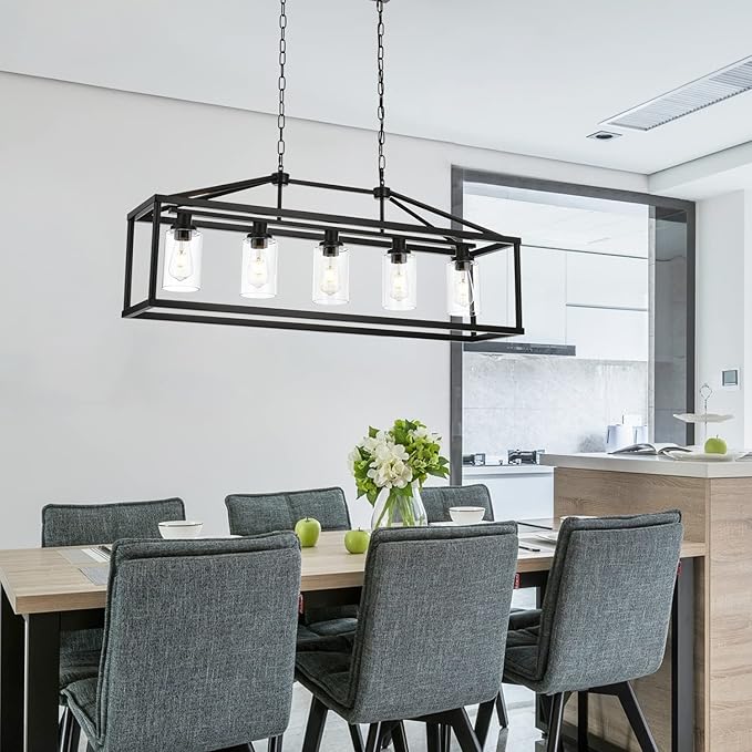 BONLICHT Kitchen Island Lighting 5 Light Modern Farmhouse Metal Cage Chandeliers with Clear Glass Shade Black Industrial Rectangle Dining Room Light Fixture Hanging Pendant Lamp for Foyer Bar Entryway
