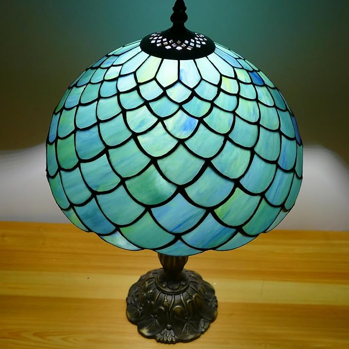 Tiffany Lamp Stained Glass Table Lamp Antique Bedside Reading Light W12H19 Inches (Fishscale Style)
