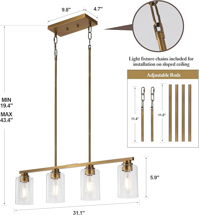 Island Light for Kitchen, Brushed Brass Dining Room Light Fixture Over Table, 4-Light Linear Chandelier Pendant Lighting for Dining Table Kitchen Island Living Room