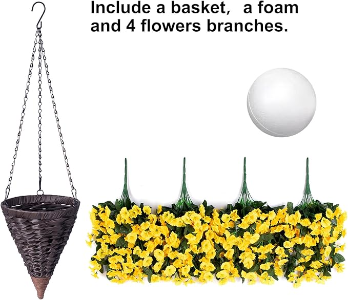HyeFlora Artificial Fake Hanging Flowers Plants Baskets for Outdoor Outside, Faux Silk Yellow Morning Glory Flowers UV Resistant Look Real Hanging Planter for Home Porch Patio Balcony Yard Decor